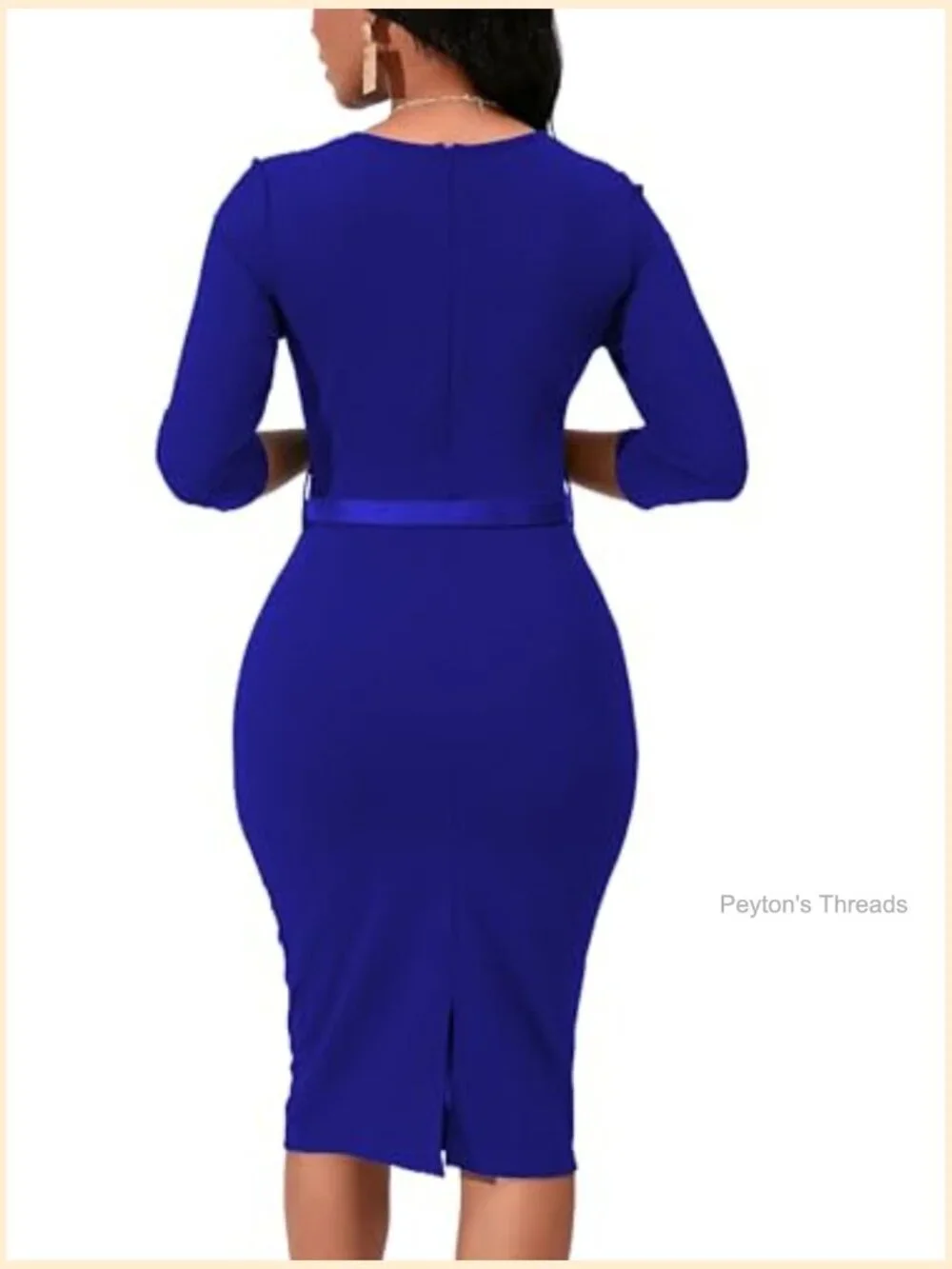 3/4 Sleeve Bodycon Pencil Midi Dress with Belt Crew Neck